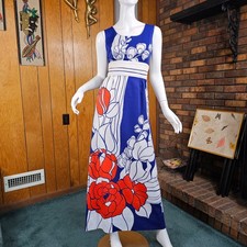 Vtg 70s Mod Hawaiian Tori Richard Graphic Pop Art Floral Maxi Party Dress XS/S