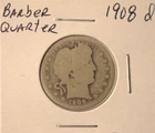1908 D Barber Quarter - U.S. 25 cents silver coin in circulated condition
