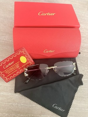 Cartier Rimless Sunglasses Gold Metal Frame Gray Gradient Lenses w/ Case