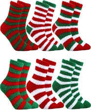 JaGely 6 Pairs Christmas Fuzzy Socks for Women Cozy Soft Fluffy Striped Socks Wa