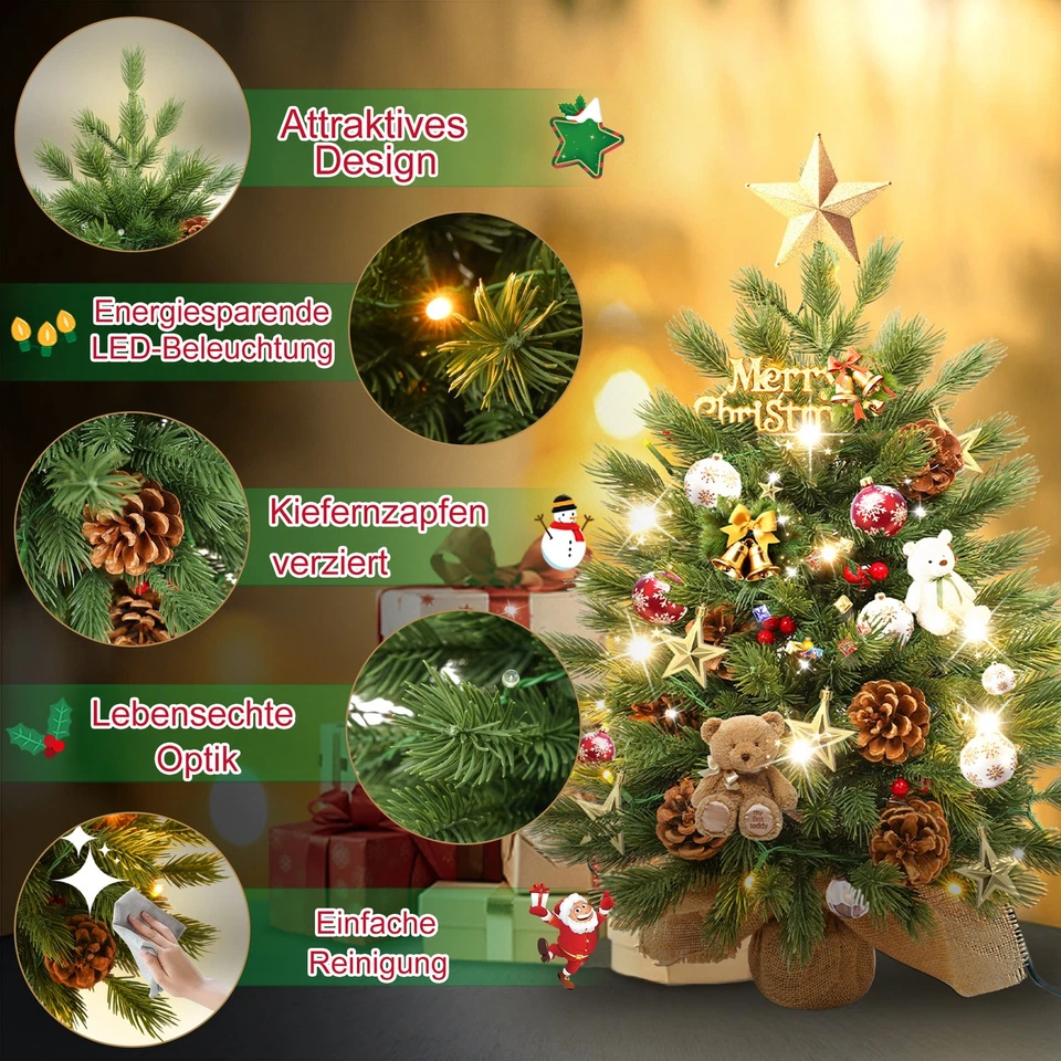60cm Mini Weihnachtsbaum Christbaum Tannenbaum mit LED Beeren Kiefernzapfen PE - Bild 4 von 4
