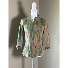 Chico's Zenergy Women 0 Small Abstract Ikat Print Full Zip Mock Neck Jacket Tan