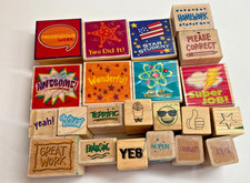 Lot of 22 Teacher Reward Stamps Great Work awesome Classroom Grading Wood Rubber