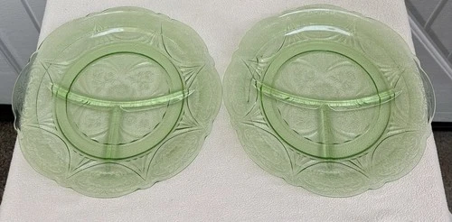 2 Hazel Atlas Uranium Green Royal Lace Divided Dinner Plates Depression MINT