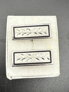Vintage Modern Hand Engraved Sterling Silver  Black Enamel Cufflinks MCM Nice K2