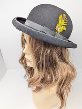 Vintage Black Wool Felt Bowler Derby Hat Feather Trim 21  Medium