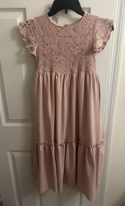 Girls Lace Flower Ruffle Sleeve A-Line size 8 Maxi Dress Pockets pink 