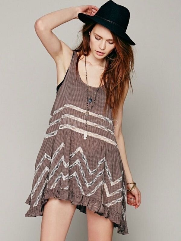 brown polka dot free people dress Lace Trim Tiered Ruffle Hem Slip Butterfly babe maxi dress
