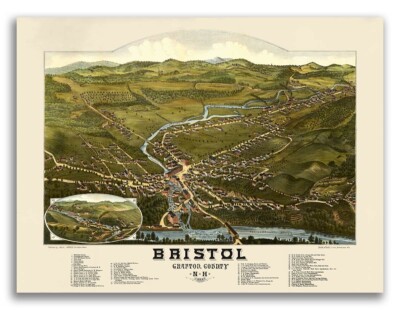 1884 Bristol NH Vintage Old Panoramic City Map - 20x28