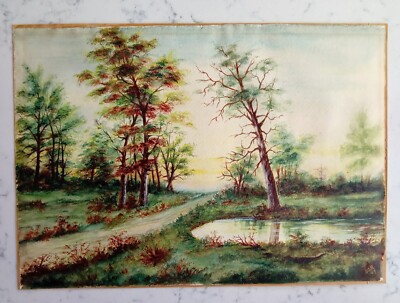 ANTIQUE AMATEUR FOLK ART WATERCOLOR WOODED LANDSCAPE PAINTING SIGNED ...