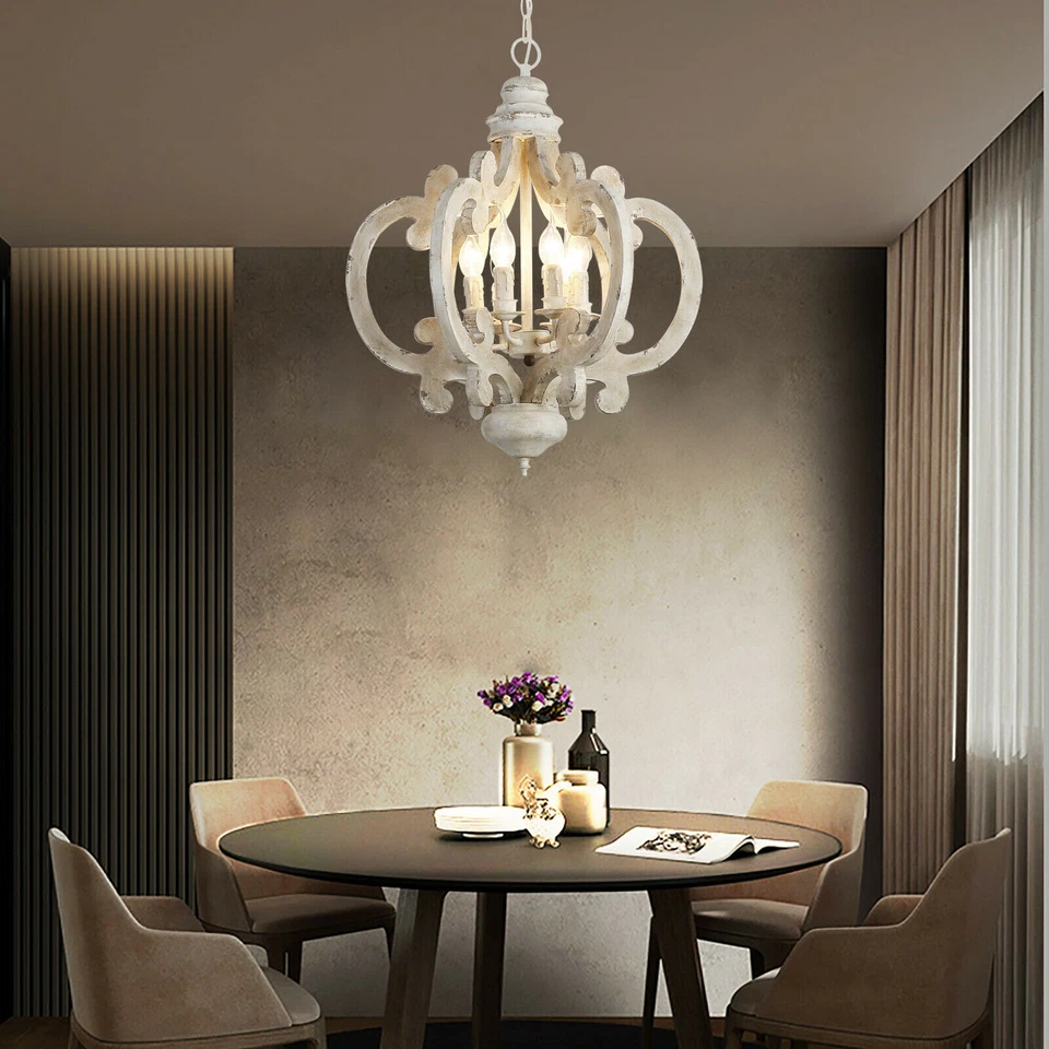 Lámpara de araña moderna de madera colgante de granja blanca rústica barra de iluminación Foto 2 de 4