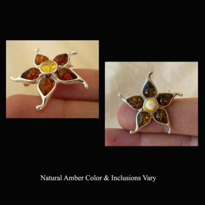 BALTIC HONEY or MULTICOLOR AMBER & STERLING SILVER HANDMADE FLOWER BROOCH PIN