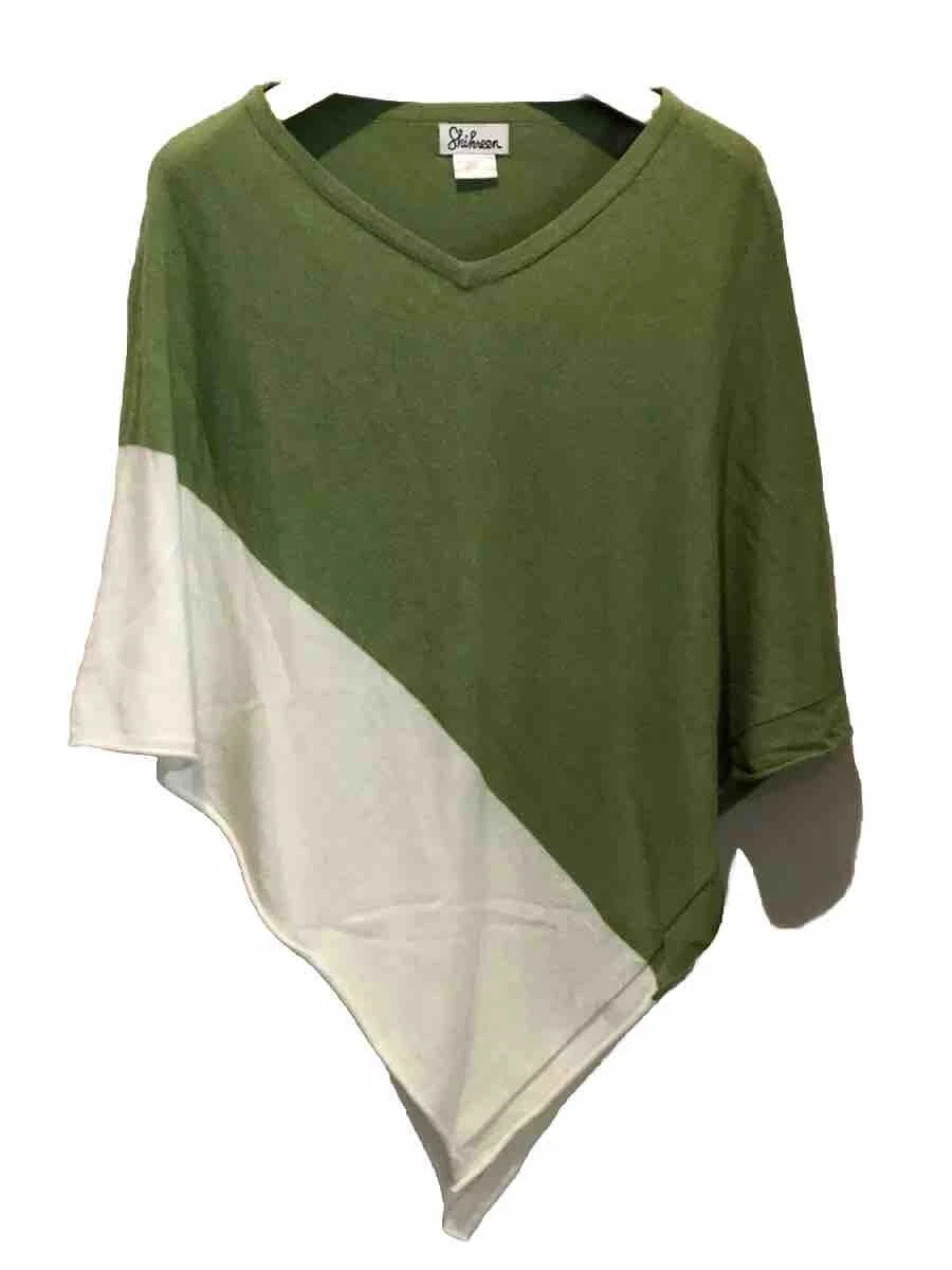 Cashmere Blend Poncho M Medium Color Block V Neck Soft Green White Career Wear