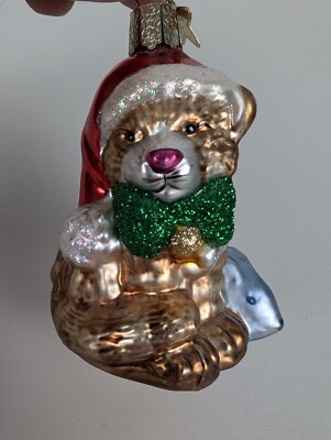 Vintage Old World Christmas Tabby Kitty Cat Santa Hat & Fish Glass Ornament
