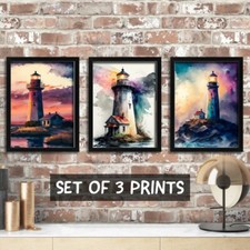 Lighthouse Prints Set of 3 Watercolour Wall Art  Framed Art Nautical Home Decor