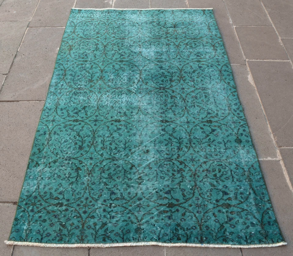 Турецкий ковер 44 дюйма x 75 дюймов БИРЮЗОВЫЙ ПЕРЕКРАШЕННЫЙ винтажный ручной вязки перекрашенный небольшой ковер  - Изображение 3 из 4