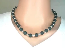 Black Lava Rock Bead Choker Silver-finish Accent Handmade Stylish Necklace