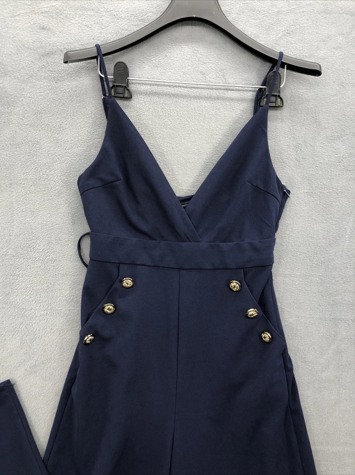 Agaci Women’s Jumpsuit M Blue Pockets Strappy Back Pockets Gold Buttons - Image 3 of 4