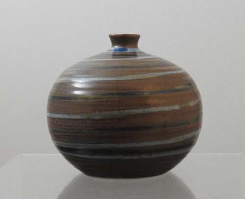 Vintage Hand Made Vase Pottery Brown Blue Grey Stripe 4 3/8" GD14 - Picture 3 of 9