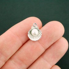 BULK 30 Seashell Charms Antique Silver Tone Oyster With Faux Pearl - SC7445