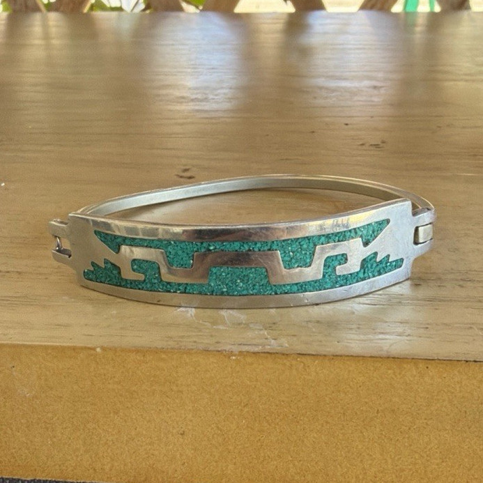 Silver Cuff Bracelet with Green Inlay Native American Ethnic Motif