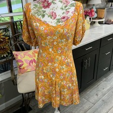 Lush Mini Dress Puff Sleeve Sweetheart Neck Orange Ditsy Floral Tie Back Sz Med