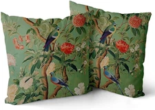 Green Chinoiserie Pillow Cover 16x16 Inch Vintage Bird Flower Throw Pillow Co...