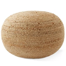 Hand-Braided Round Jute Pouf Ottoman Footrest, Boho Decor, 19" Diameter x 10.5"H