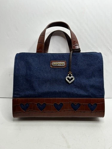  BRIGHTON DENIM BLUE JEAN AND LEATHER SATCHEL/TOTE HANDBAG , HEART DESIGN