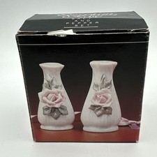 Vintage NIB Porcelain Pink Rose Floral Salt  Pepper Shakers 3" Tall