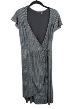 Fresh Produce Dress Womens Large Black White Wrap Chevron Print Made USA