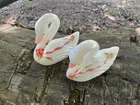 Pair of Fenton Swan Figurine Hand Painted Pearlescent Happy 40th Anniversary
