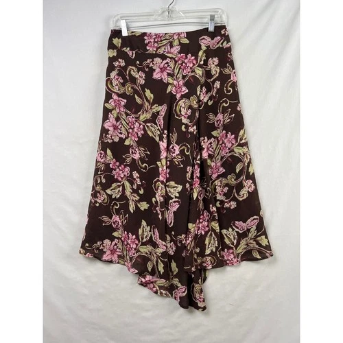 Emma James Floral Skirt Womens Petite 8 Brown Pink Handkerchief Hem Midi Lined