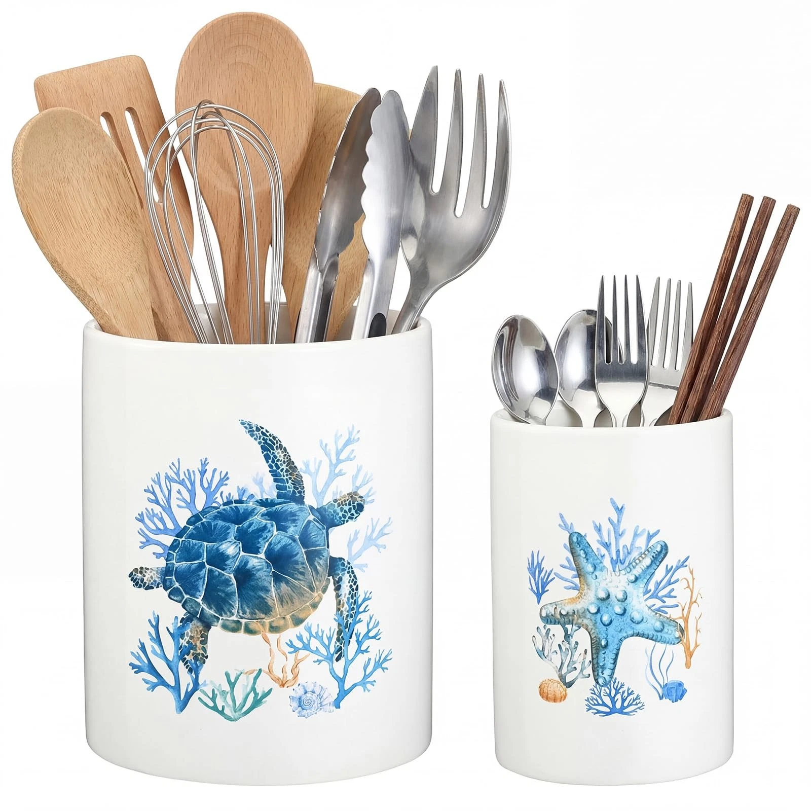 2 Pack Ceramic Utensil Holder 6.3" + 5.1" Ocean Theme Coastal Kitchen Crocks ...