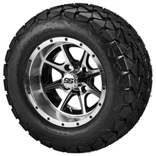 (4) Golf Cart 22x10-12 Trail Fox A/T Tires on 12x7 Black/Machined Azusa Wheels