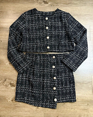 SHEIN Black/White Tweed Plaid 2pc Skirt Suit Set M Cropped Jacket Lined