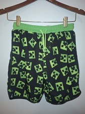 Minecraft Creeper Boys Swim Trunks Black Green Size 10/12 Drawstring Waist