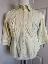 Talbots Petite Women's Sz  Small Yellow White Striped 3/4 Sleeve Button Up Shirt