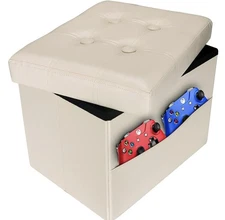 16 inch Leather Folding Storage Ottoman Foot Rest Stool with Side Pocket Beige