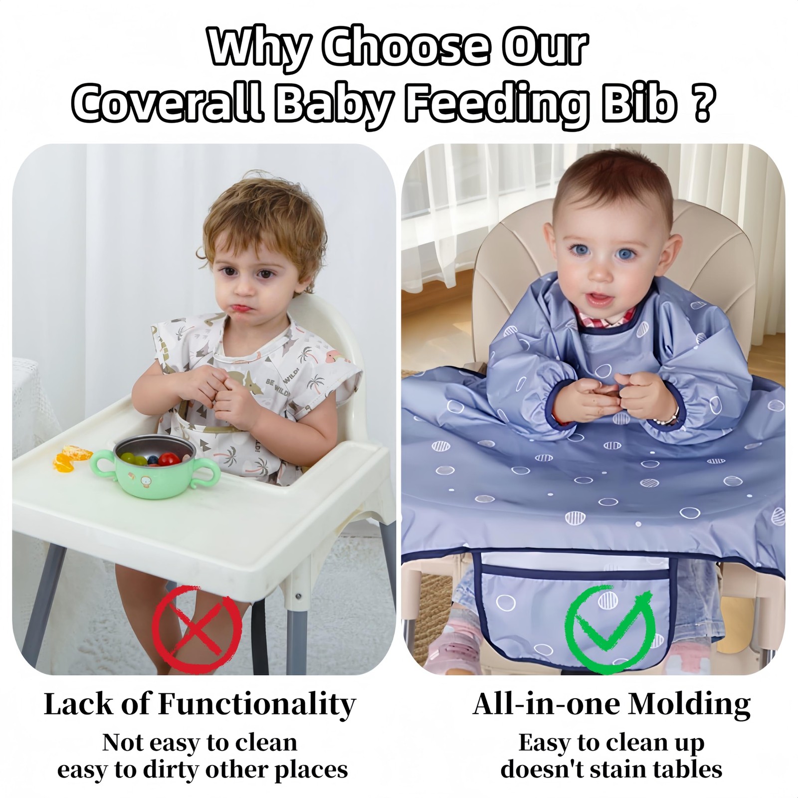 MOTEERLLU Coverall Baby Feeding Bib for Eating,Long Sleeves Bib Attaches to