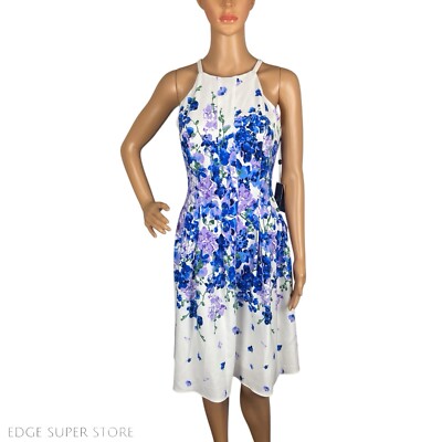 Adrianna Papell White Blue Floral Halter Fit Flare Sleeveless