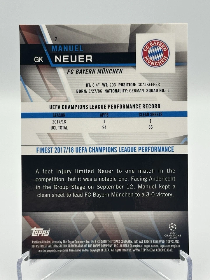 2018-19 Topps Finest UCL Manuel Neuer Blue 141/150 Bayern München - Image 3 of 3