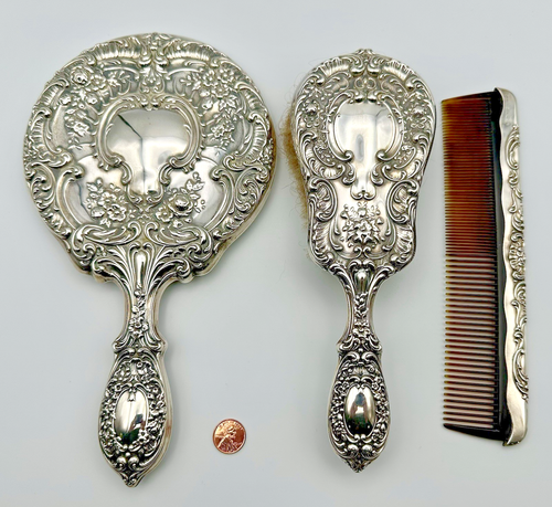 GORHAM STERLING SILVER 3 PIECE DRESSER SET- BUTTERCUP 23 MIRROR - BRUSH - COMB - Picture 3 of 17