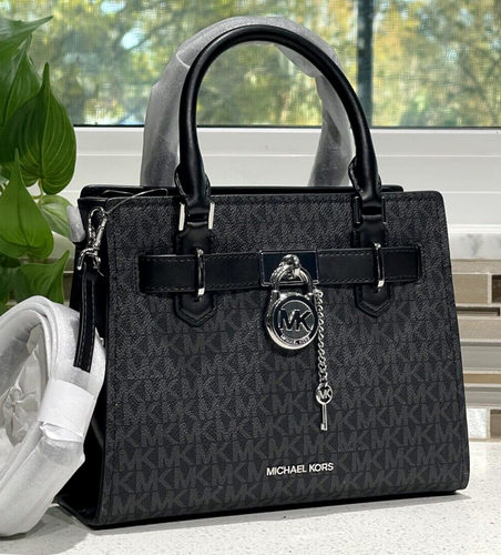 MICHAEL KORS HAMILTON SMALL SATCHEL KEY LOCK SHOULDER BAG TOTE BLACK LOGO SILVER