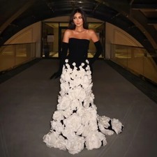 Black Mermaid Evening Dresses White Flowers Backless Strapless Party Prom Gowns