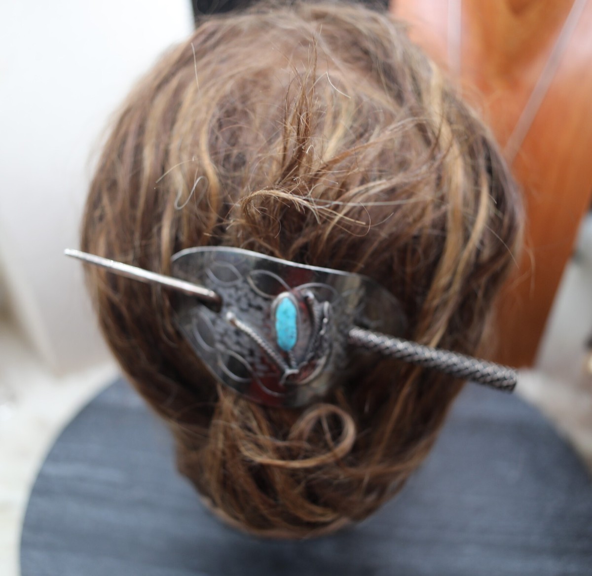 Vintage NAVAJO TURQUOISE Sterling Silver Hair Ponytail  display picture 3