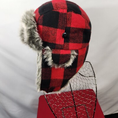 Reclaimed Vintage Red Plaid Faux Fur-Lined Trapper Hat NEW Red Plaid /Faux Fur Winter Weather Trapper Hat Unisex One  main image 4