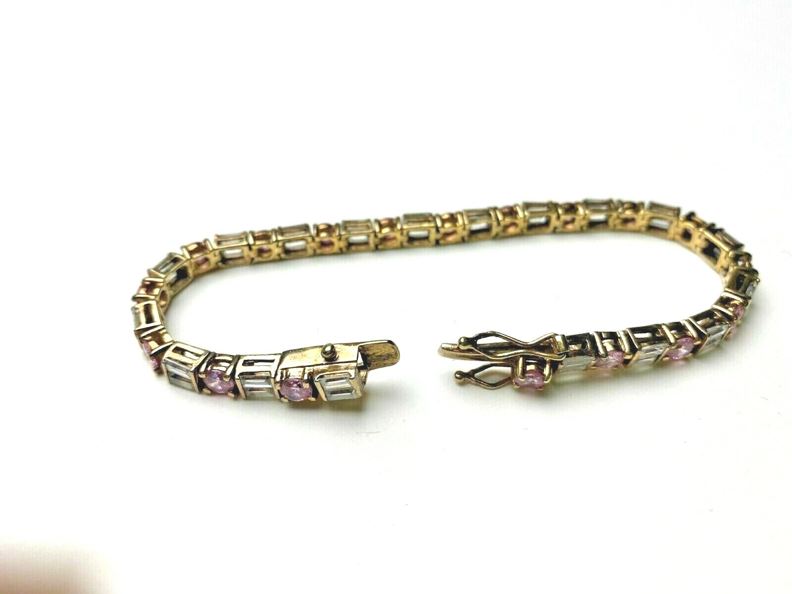 Vintage Sterling with 14K plated Tennis Bracelet Pink and Diamond