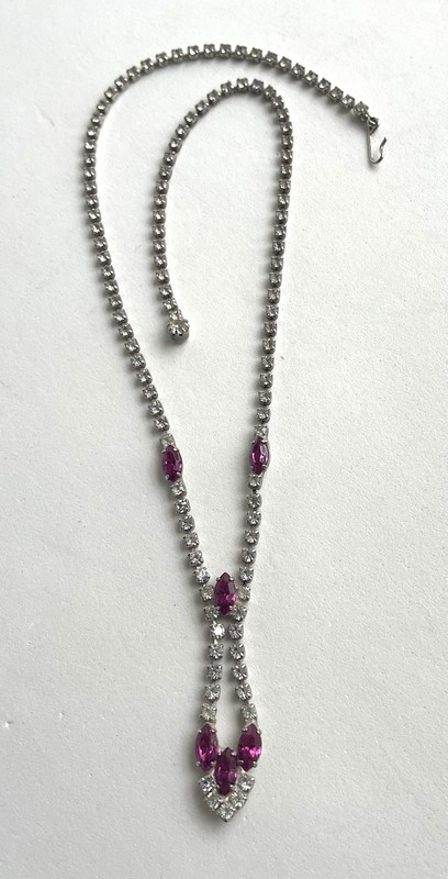 Vintage Silver Tone Cup Chain Round Clear & Pink Marquise Rhinestone Necklace