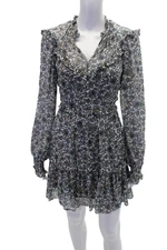 Veronica Beard Womens Long Sleeve V Neck Floral Silk Dress White Blue Size 2